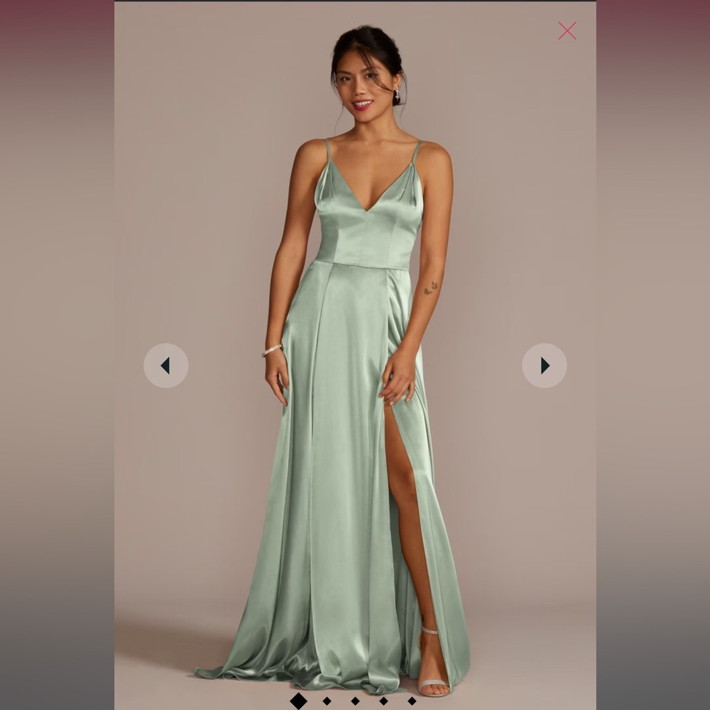 David's Bridal Sage Green Satin Spaghetti Strap V-Neck Wedding Dress